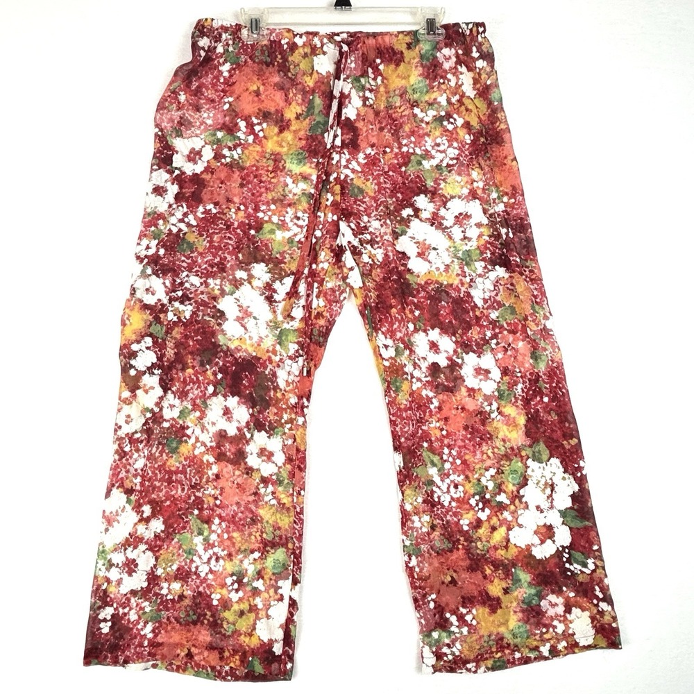 SHAN Silk Floral Sheer Pants Red White Resort Beach Wide Leg Size 12